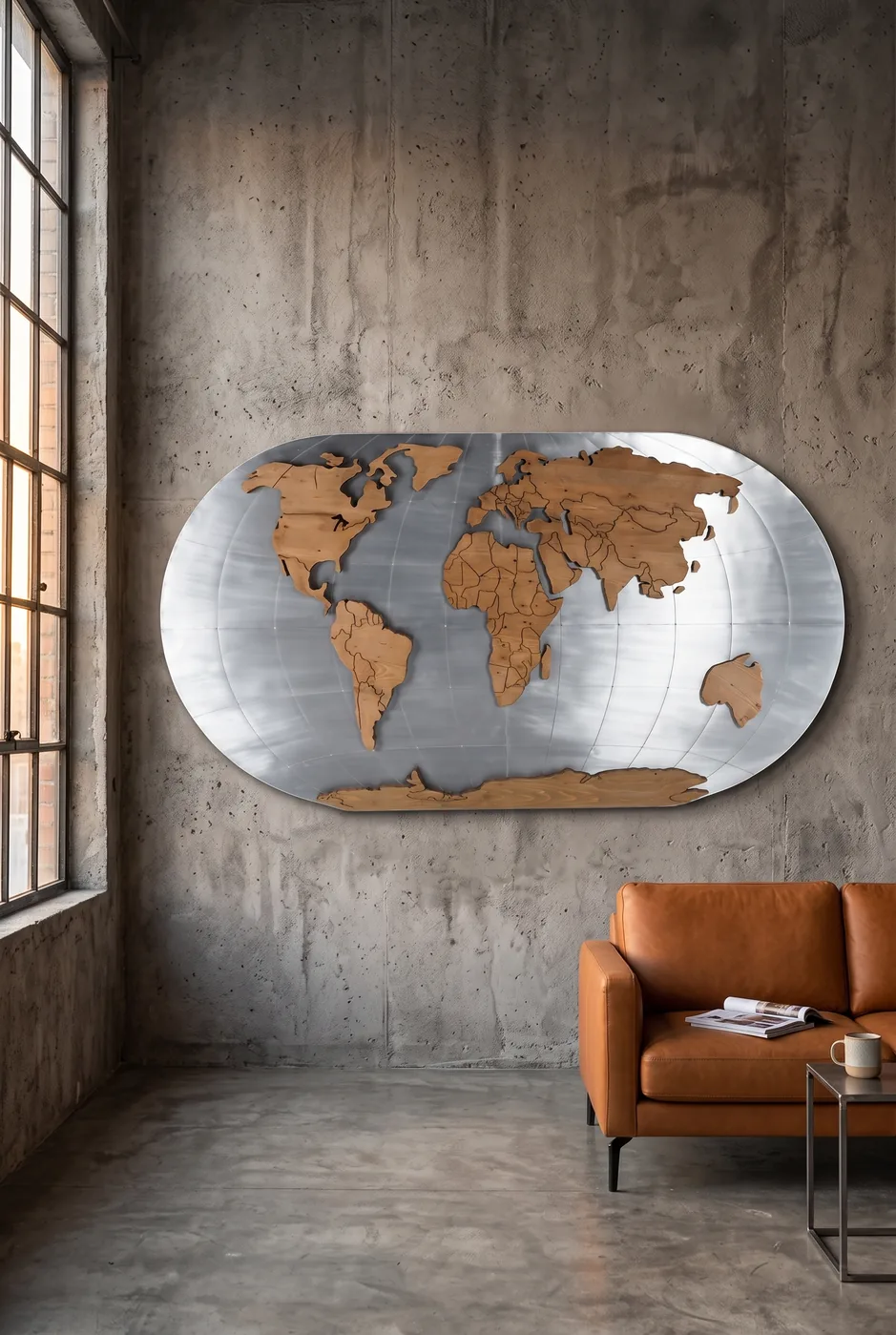 Карта World Map Aluminum and Wood в стиле лофт — купить в OLD LOFT