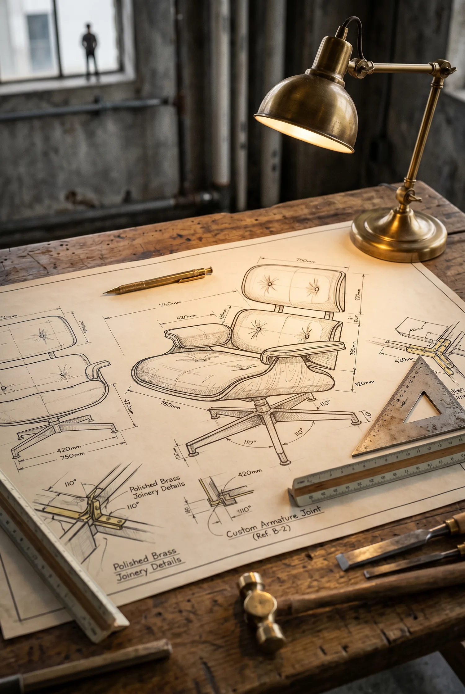 Технический чертёж кресла Aviator с размерами и латунным узлом крепления на верстаке мастера OLD LOFT